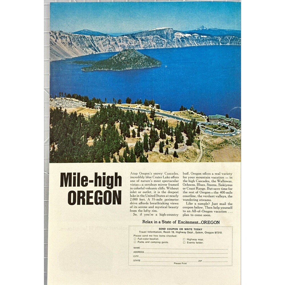 Mile-High Oregon "Relax in a State of Excitement" Vintage Print Ad 1969